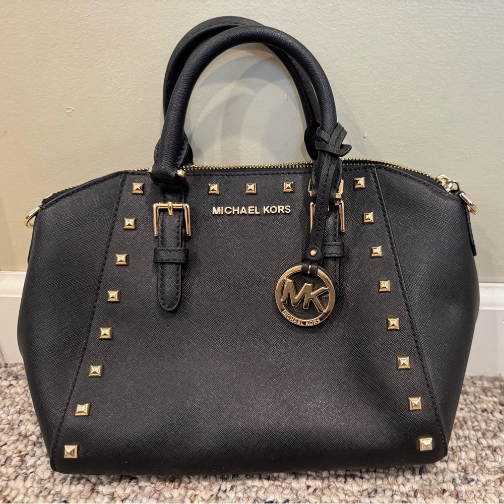 Michael Kors Black and Gold Satchel with Studded Detailing